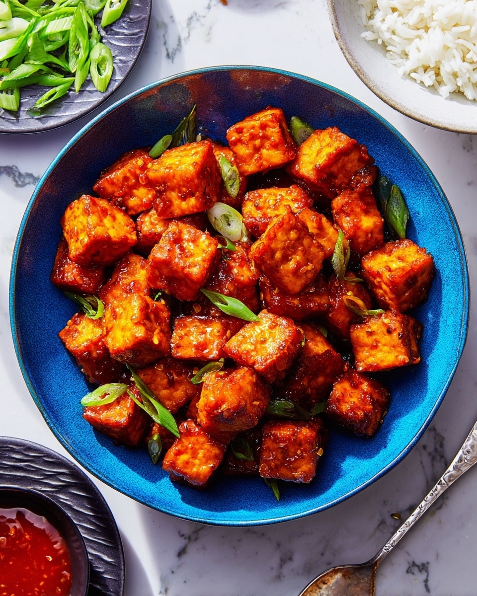 A deep blue bowl filled with many bright orange crispy tofu cubes, each cube evenly coated with a shiny glaze. Small green onion slices are scattered over the tofu pieces, adding spots of fresh green. The bowl sits on a white marbled surface, and near it is a white bowl with more green onion slices and part of a black bowl with white rice. A small white bowl with red sauce and a silver spoon is also partly visible. photo taken with an iphone --ar 4:5 --v 7