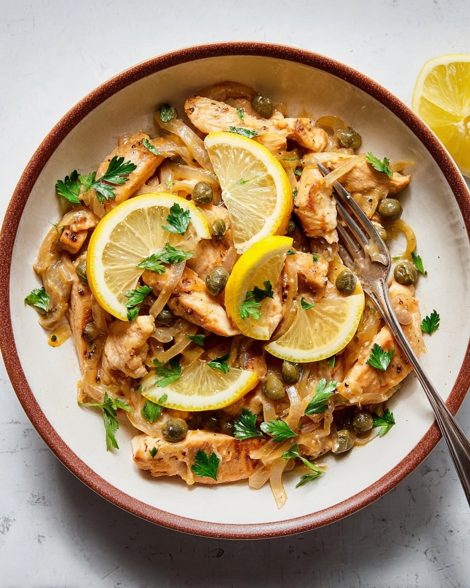 A white bowl with a brown rim holds a creamy dish made of browned chicken strips layered with translucent cooked onions and small green capers. Thin, bright yellow lemon slices lay on top, along with small vibrant green parsley leaves scattered across the dish. The chicken pieces have a light golden-brown color with a slight char, covered in a smooth, light tan sauce. A silver fork rests on the left side inside the bowl, all placed on a white marbled surface. photo taken with an iphone --ar 4:5 --v 7