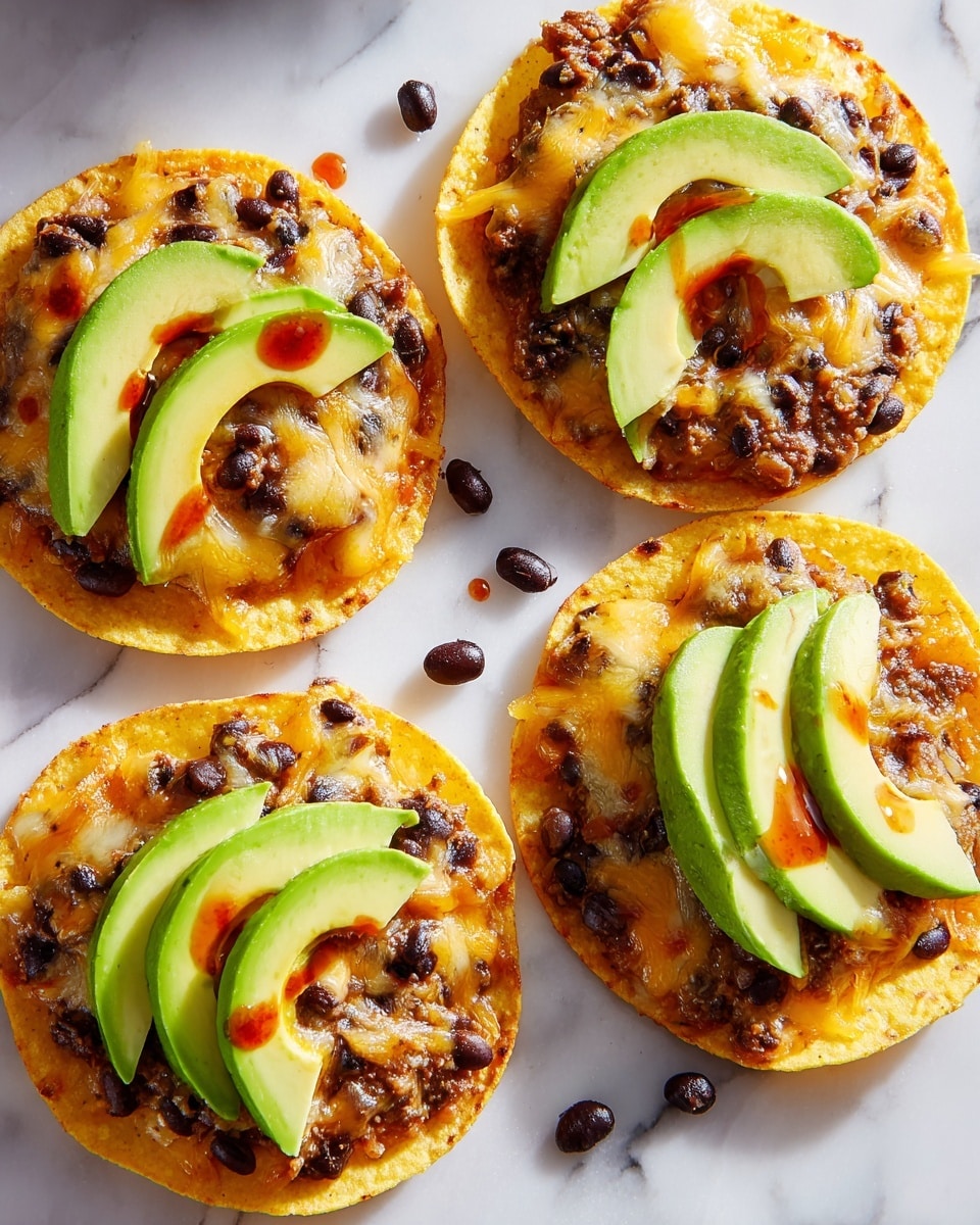 Four round tostadas sit on a white marbled surface, each having three visible layers: the base is a golden yellow crispy tortilla chip, the middle layer is melted light yellow cheese with some spots browned, and the top layer is a mix of black beans mashed together and sliced bright green avocado wedges arranged in a fan shape. There are scattered drops of reddish-brown sauce on each tostada and a few whole black beans on the surface. The photo taken with an iphone --ar 4:5 --v 7