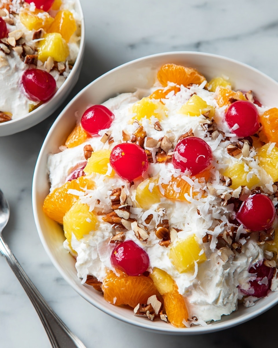 A close-up view of a white bowl filled with a layered fruit salad on a white marbled surface, starting with a base layer of fluffy white whipped cream, topped with bright orange mandarin slices and yellow pineapple chunks scattered throughout, bright red cherries placed evenly on top, small brown chopped nuts sprinkled across, and a final layer of shredded white coconut covering everything. There is also a smaller white bowl partially visible on the left side with the same layered fruit salad. photo taken with an iphone --ar 4:5 --v 7