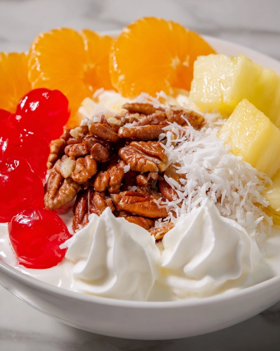 The image shows a dessert bowl with multiple layers of ingredients. At the bottom, there is a white creamy layer. On top of this, there are bright orange mandarin slices arranged on one side, next to a cluster of brown pecan nuts in the center. On the opposite side, shiny red maraschino cherries add a glossy texture. Next to the pecans and cherries, there is a layer of shredded white coconut. Finally, two dollops of smooth, white whipped cream are placed on top near the pecans and pineapple pieces at the back, which are pale yellow and cubed. The bowl is white and placed on a white marbled surface. photo taken with an iphone --ar 4:5 --v 7