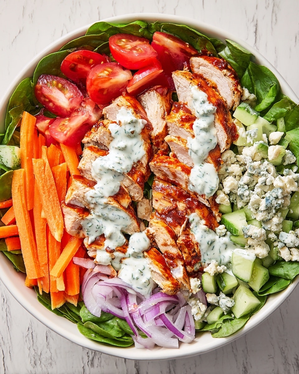 A white deep plate holds a colorful salad with several layers and ingredients. At the bottom, there is bright green leafy spinach and lettuce. On top, there are thin slices of pinkish-red grilled chicken arranged in two rows across the center. Surrounding the chicken are chopped celery pieces, sliced purple onions, crumbled blue cheese, sliced dark green cucumbers, halved red cherry tomatoes, and thin orange carrot sticks. The whole salad is drizzled with a creamy white dressing with visible green herbs. The plate is placed on a white marbled surface. photo taken with an iphone --ar 4:5 --v 7