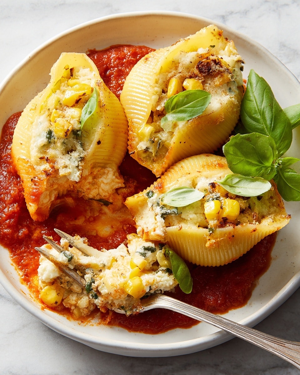 The dish shows three large stuffed pasta shells on a white plate, each shell filled with a creamy white cheese mixed with small pieces of yellow corn and green herbs. The pasta shells are golden yellow with a slightly browned baked look around the edges. Beneath the shells, there is a rich red tomato sauce that adds color contrast. Fresh green basil leaves are placed on top and on the plate. A fork holds a bite of the pasta filling, showing the soft texture and bits of corn clearly. The background is a white marbled surface. Photo taken with an iphone --ar 4:5 --v 7