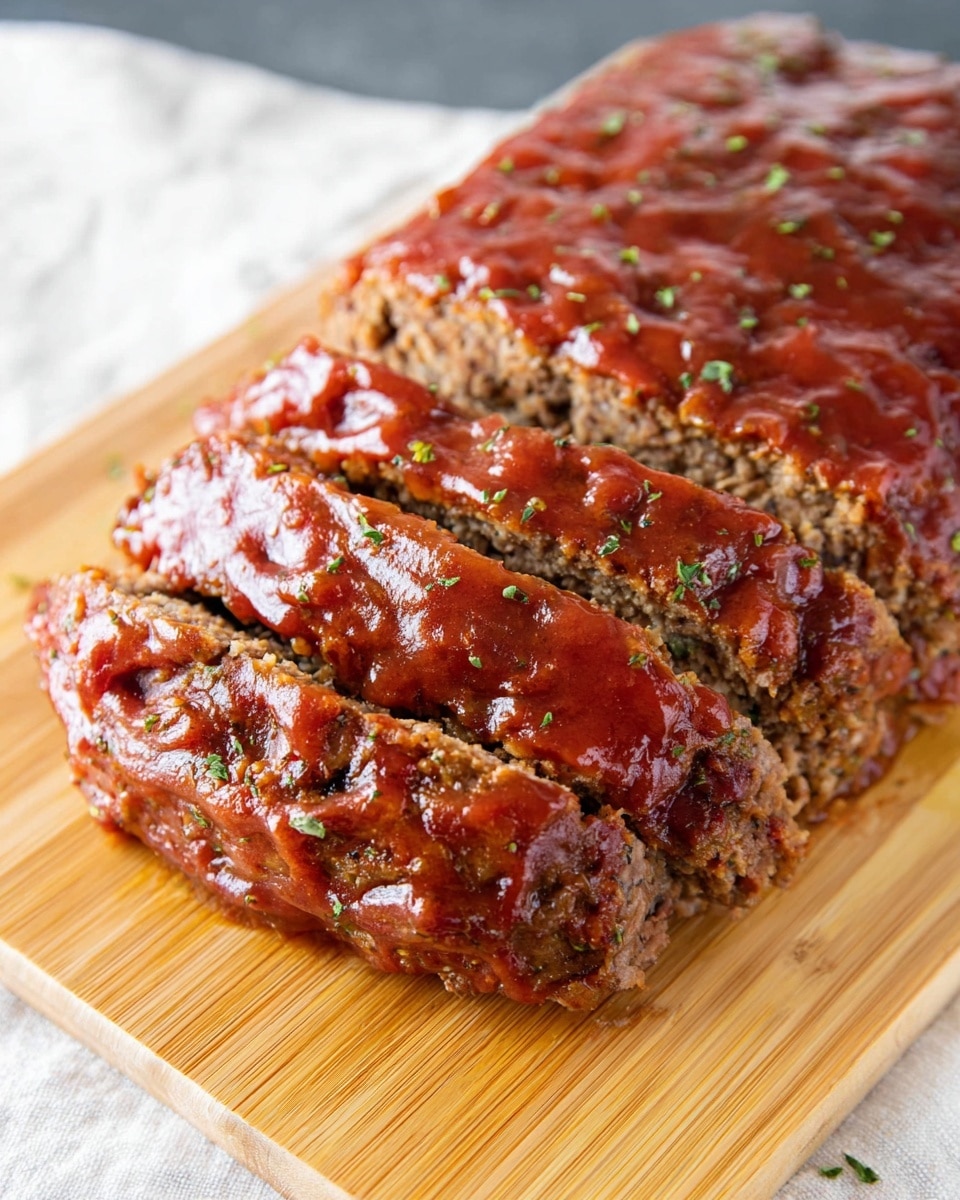 A close-up view of a sliced meatloaf resting on a light wooden board over a white marbled texture surface with a cloth underneath. The meatloaf has a glossy, reddish-brown sauce layer spread all over the top, sprinkled with small bits of green herbs. The meat shows a coarse texture with visible chunks, and the slices reveal the dense, moist interior. The sauce appears thick and shiny, creating a smooth top layer that contrasts with the textured meat below. Photo taken with an iphone --ar 4:5 --v 7