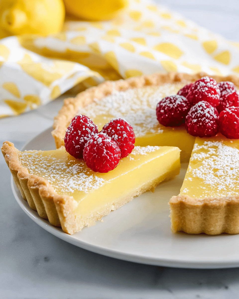 A lemon tart with a thick, golden-yellow filling sits perfectly inside a light brown tart crust with fluted edges. One slice is lifted slightly above the rest and is topped with a small cluster of fresh red raspberries dusted with white powdered sugar. The tart rests on a simple white plate placed on a white marbled surface, with part of a yellow and white lemon-patterned cloth visible softly in the background. photo taken with an iphone --ar 4:5 --v 7