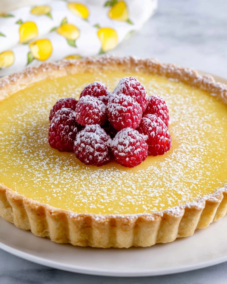 A lemon tart is shown in this image with one visible layer of smooth, yellow lemon filling held inside a light golden brown pastry crust with fluted edges. A small pile of fresh red raspberries dusted with white powdered sugar sits in the center on top of the lemon layer. The tart is placed on a white plate over a white marbled surface. A white cloth with yellow lemon prints is slightly visible in the background. Photo taken with an iphone --ar 4:5 --v 7