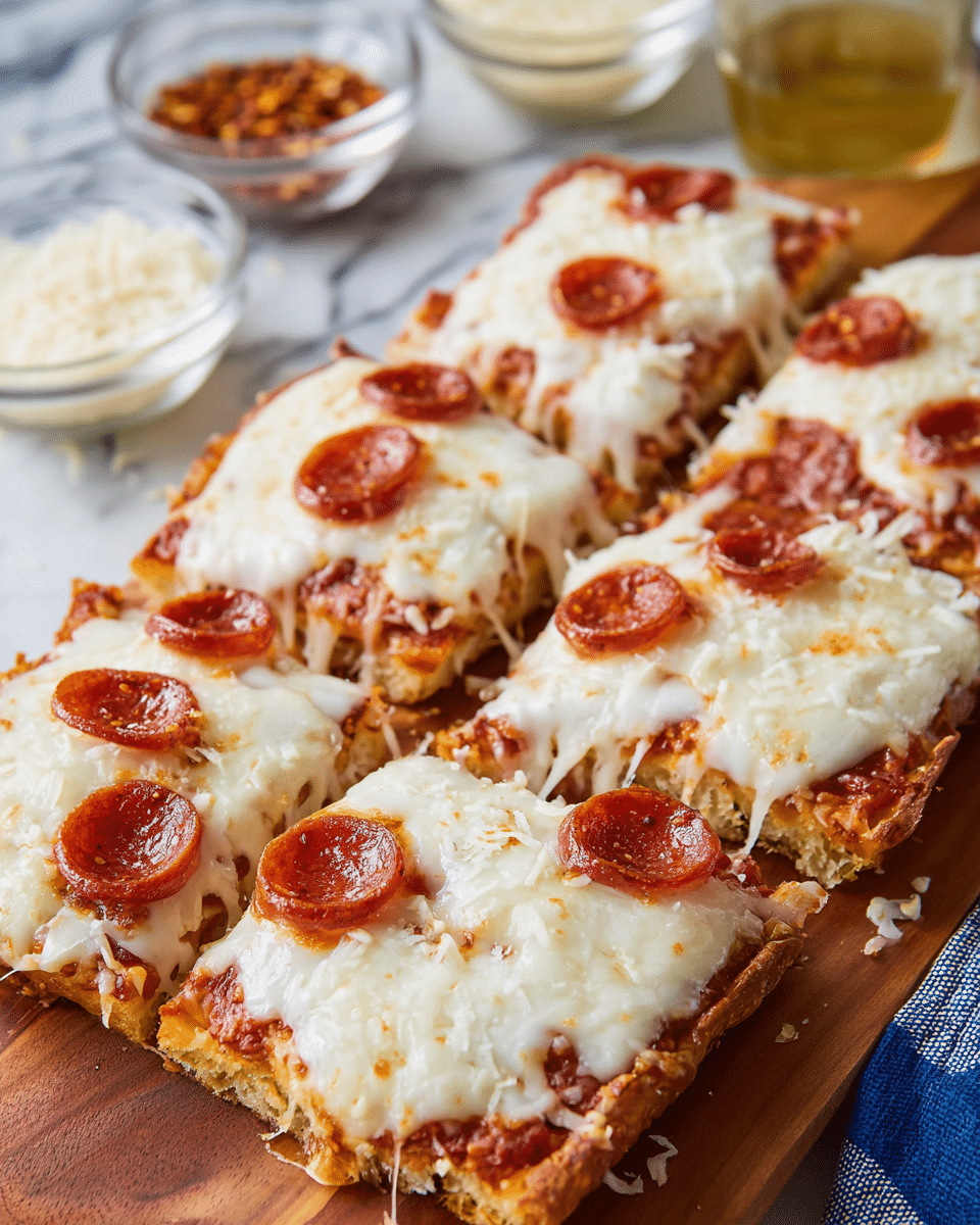 A close-up of several rectangular pizza slices on a wooden board, each slice has one base layer of light golden-brown crust, topped with a thick layer of melted white mozzarella cheese that stretches slightly over the edges, and finished with small round slices of reddish-brown mini pepperoni scattered evenly on top. In the background, there are small clear glass bowls containing red chili flakes and grated white cheese, all placed on a white marbled surface. photo taken with an iphone --ar 4:5 --v 7