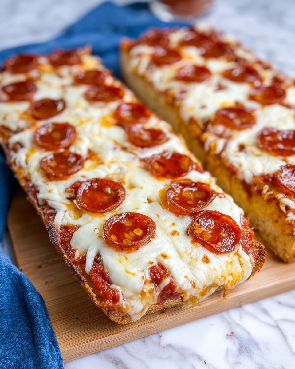 The image shows two rectangular slices of pepperoni pizza on a light brown board, which is resting on a white marbled surface with a blue cloth partially visible underneath. Each slice has a thick golden-brown crust base, topped with a layer of red tomato sauce. Above the sauce, there is a thick layer of melted white mozzarella cheese, which looks creamy and stretchy. Scattered evenly on top are small, round, slightly curled pepperoni pieces with a shiny, oily surface showing a deep reddish-brown color. Droplets of oil from the pepperoni add a slight orange glisten on the cheese. Photo taken with an iphone --ar 4:5 --v 7