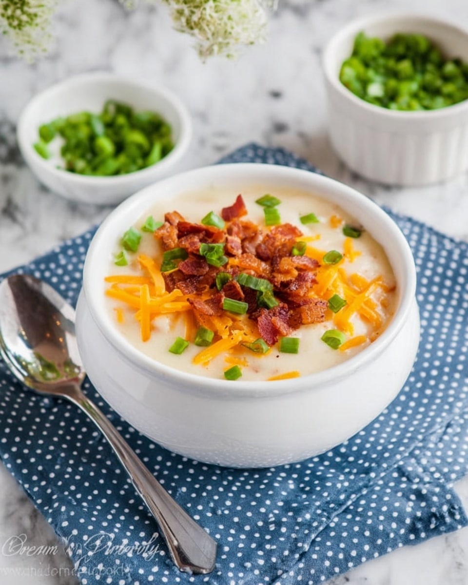 A white bowl filled with thick creamy soup, topped with shredded orange cheddar cheese, crispy brown bacon pieces, and chopped fresh green onions. The bowl sits on a blue and white polka dot cloth on a white marbled surface. A stainless steel spoon rests beside the bowl, and in the background, there is a small white bowl filled with more chopped green onions. photo taken with an iphone --ar 4:5 --v 7