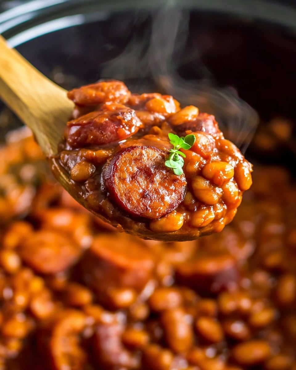 The image shows a close-up of a wooden spoon lifting a scoop of cooked beans and sliced sausage from a cooking pot. The dish has a rich reddish-brown sauce covering the plump beans and browned sausage slices, with a small green herb garnish on top. Steam rises from the hot food, and the blurred background shows more beans in the pot. The pot is black and glossy, and the texture of the beans and sausage looks thick and hearty. Photo taken with an iphone --ar 4:5 --v 7
