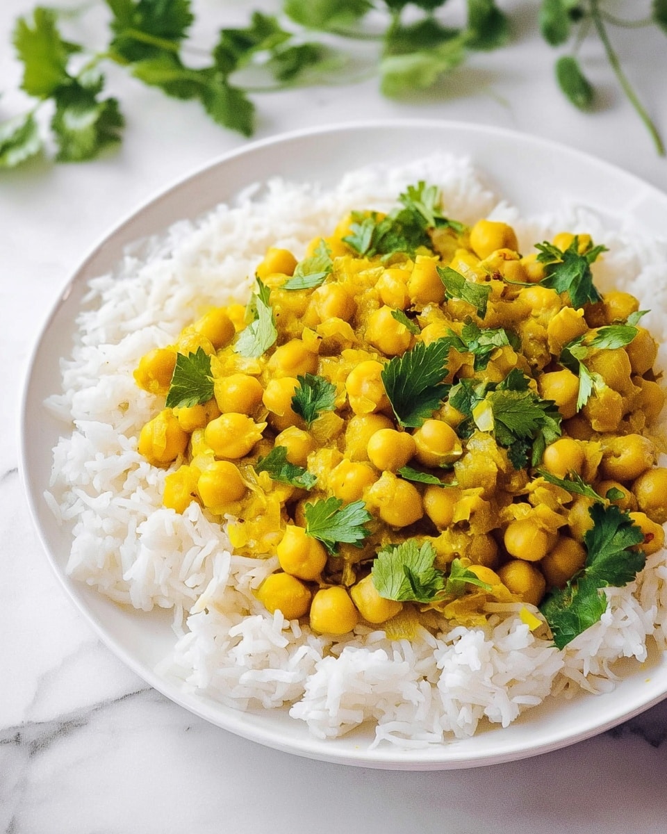 A white plate holds a dish with two main layers: a base layer of fluffy white rice surrounding the edges, and a top layer of yellow chickpeas cooked with spices in the center. The chickpeas are soft and coated in a slightly thick, golden-yellow sauce with small visible pieces of onion. Fresh green flat-leaf parsley leaves are scattered over the chickpeas, adding a bright contrast. The plate is placed on a white marbled surface, and some blurred green leaves are visible in the background. photo taken with an iphone --ar 4:5 --v 7
