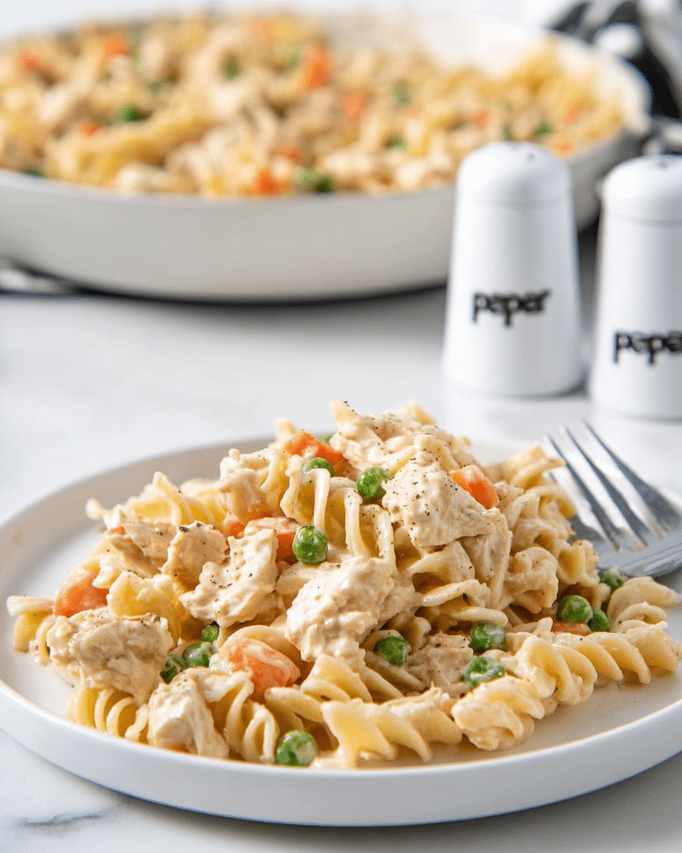 A white plate holds a serving of creamy pasta made with twisted noodles, mixed with small pieces of white chicken, bright green peas, and soft orange carrot bits. The sauce is light beige and coats the pasta evenly, giving it a smooth texture. In the background, slightly out of focus, is a white skillet filled with more of the same pasta and two white containers labeled “pepper” and “salt.” The whole scene is set on a white marbled surface, and there is a fork resting on the right side of the plate. photo taken with an iphone --ar 4:5 --v 7