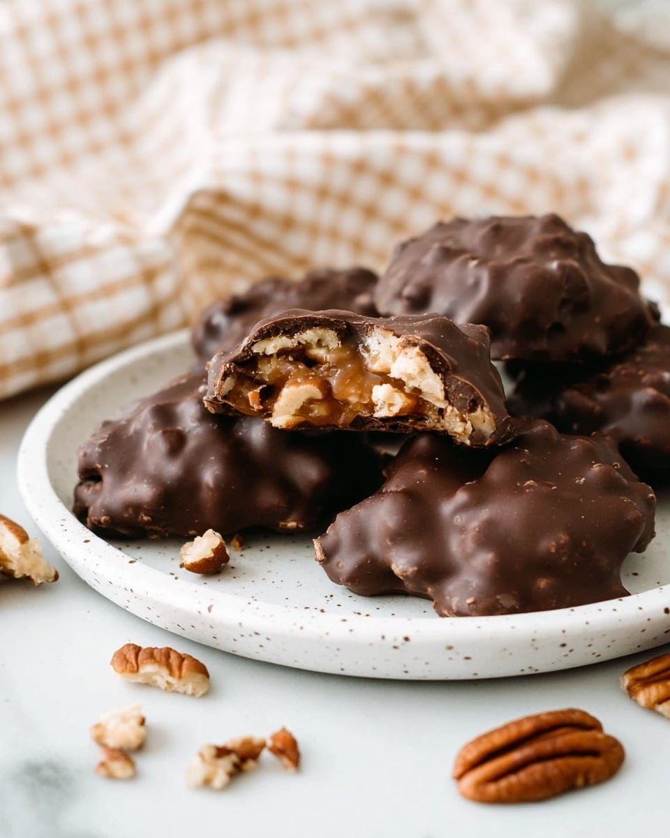 A white speckled plate holds several irregular-shaped clusters covered in smooth, shiny dark chocolate. One cluster is bitten, revealing a thick, gooey caramel layer mixed with crunchy pecan pieces inside, giving a sticky and textured look. The clusters have bumpy, uneven surfaces from the nuts inside the chocolate shell. Around the plate on a white marbled surface, some pecan halves and bits are scattered, adding a rustic touch. In the background, a soft, patterned fabric with a white and tan checkered design is slightly blurred. photo taken with an iphone --ar 4:5 --v 7