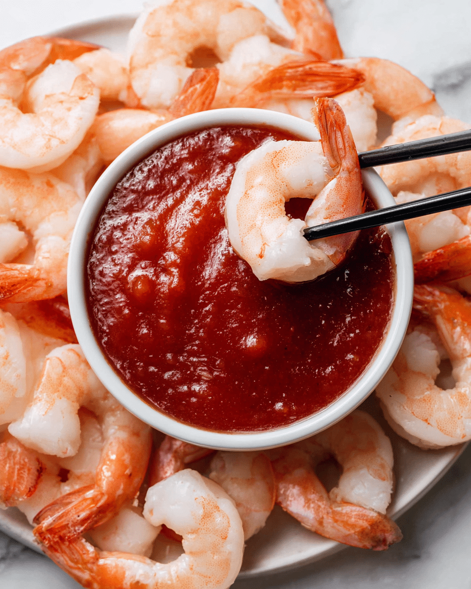 A white bowl filled with thick, deep red cocktail sauce sits at the center. Around the bowl, there are several cooked shrimp, light pink and white with a slight shine, arranged in a circle on a white marbled surface. One shrimp is held by a pair of black chopsticks, partially dipped in the sauce. The shrimp show firm textures and curved shapes with their tails intact. photo taken with an iphone --ar 4:5 --v 7