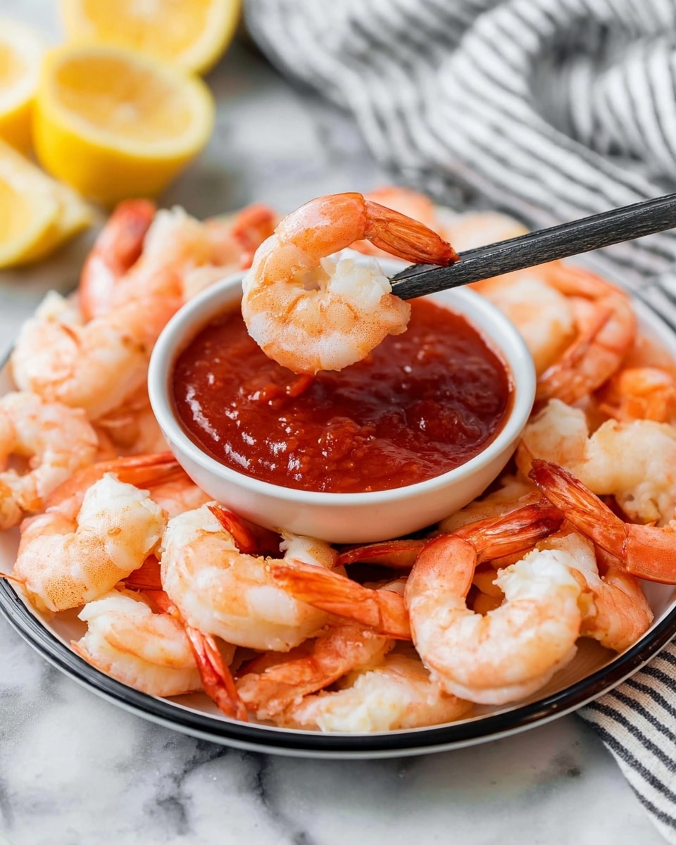 A round white plate with a thin black rim is filled with plump, cooked shrimp that are orange and white in color, arranged in a circle around a small white bowl in the center. The bowl is filled with thick, deep red cocktail sauce. One shrimp is being dipped into the sauce, held by a black utensil, showing its tail and juicy texture clearly. The plate is set on a white marbled surface with a striped cloth and yellow lemon halves blurred in the background. Photo taken with an iphone --ar 4:5 --v 7