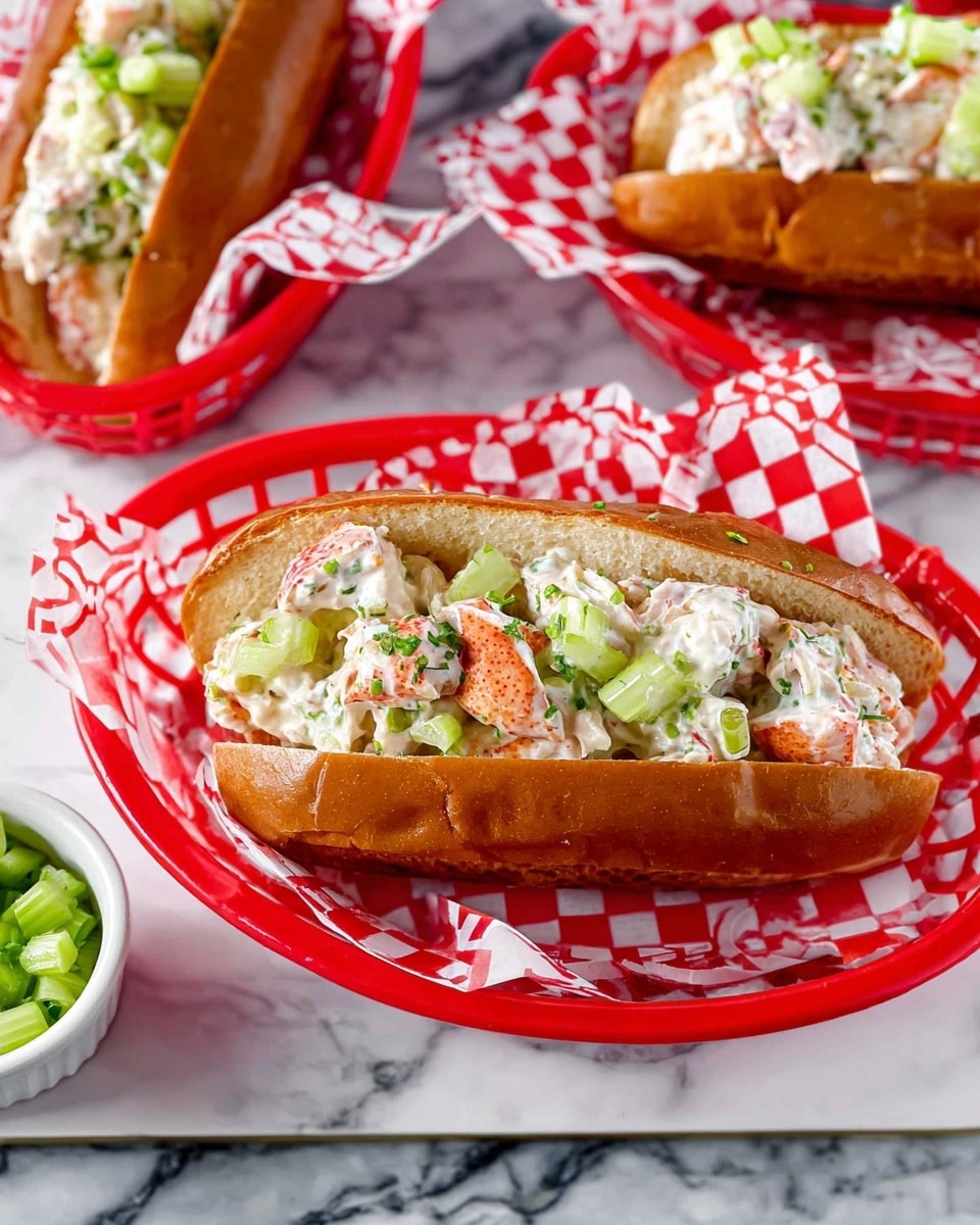 A freshly toasted soft brown bun filled with a creamy mixture of white and orange chunks of lobster meat combined with chopped light green celery pieces, all coated in a white dressing with visible green herbs; the sandwich is placed inside a red plastic basket lined with red and white checkered paper, set on a white marbled surface with a small white bowl of extra chopped celery nearby and parts of other similar baskets visible around. photo taken with an iphone --ar 4:5 --v 7