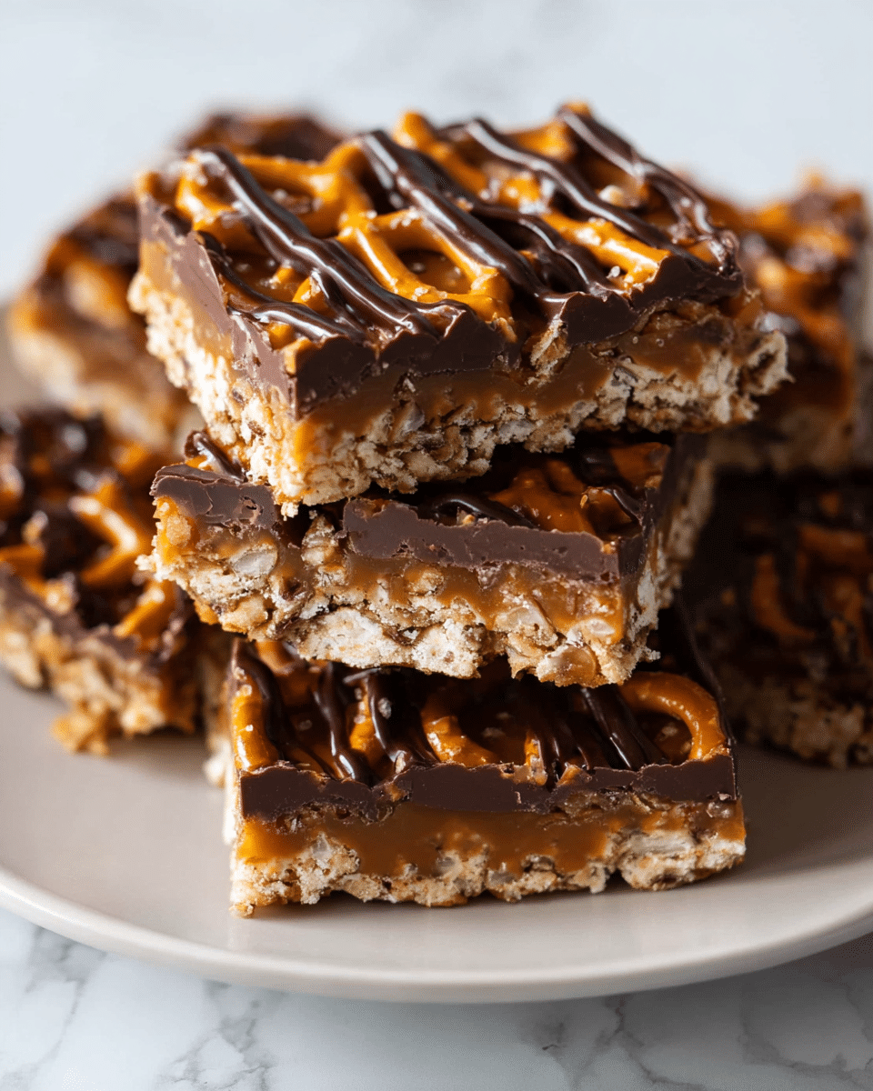 The image shows a stack of square snack bars on a white plate, resting on a white marbled texture. Each bar has three visible layers: the bottom layer is a light crunchy base with small bits giving it a rough texture, the middle layer has a rich, dark chocolate coating, and the top layer is a golden caramel drizzle mixed with pretzel pieces, adding a shiny and slightly bumpy texture. Dark chocolate lines are drizzled diagonally across the top, creating a nice contrast with the caramel. The bars are stacked neatly with one bar placed slightly tilted on top. Photo taken with an iphone --ar 4:5 --v 7