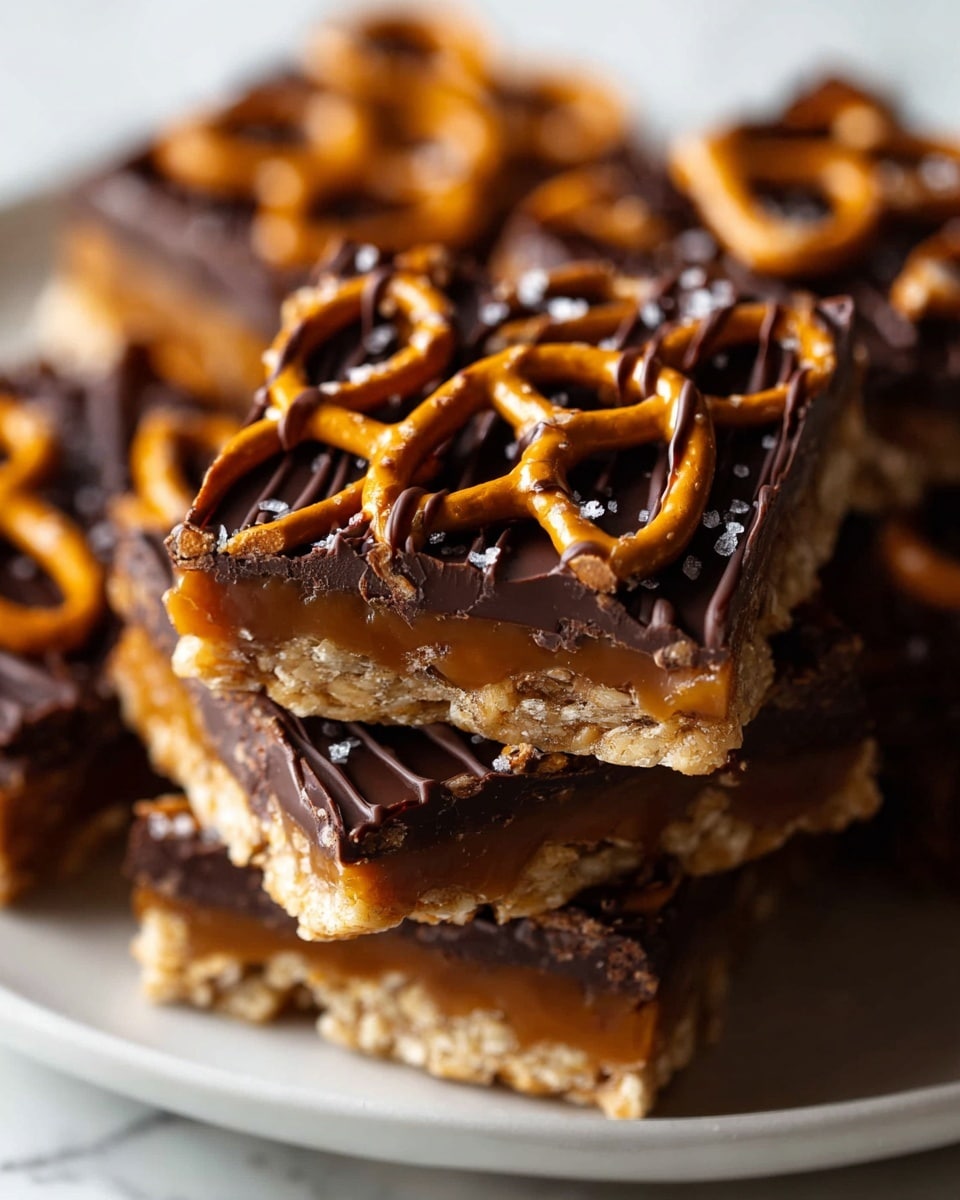 The image shows a close-up view of a stack of four square-shaped treats on a white plate, placed on a white marbled surface. Each treat has three visible layers: the bottom is a crunchy light brown base, the middle layer is coated with a glossy dark chocolate, and the top layer is decorated with golden brown pretzels covered in smooth caramel drizzled with thin, dark chocolate lines. Small grains of salt are sprinkled over the caramel and pretzels, adding texture and contrast. Photo taken with an iphone --ar 4:5 --v 7