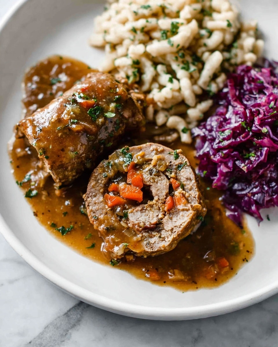 A white plate holds a neatly arranged meal with three main parts. On the left, there are two pieces of rolled meat covered in a thick, brown gravy with visible bits of herbs and small orange carrot pieces inside. The front piece is cut to show the inside, revealing a mix of ground meat and finely chopped vegetables. In the back, to the right, there is a pile of light beige, soft-looking spaetzle pasta with some green herbs mixed in. Further to the right, there is a portion of cooked purple cabbage with some texture and shine, adding contrast to the dish. The plate is placed on a white marbled surface. photo taken with an iphone --ar 4:5 --v 7