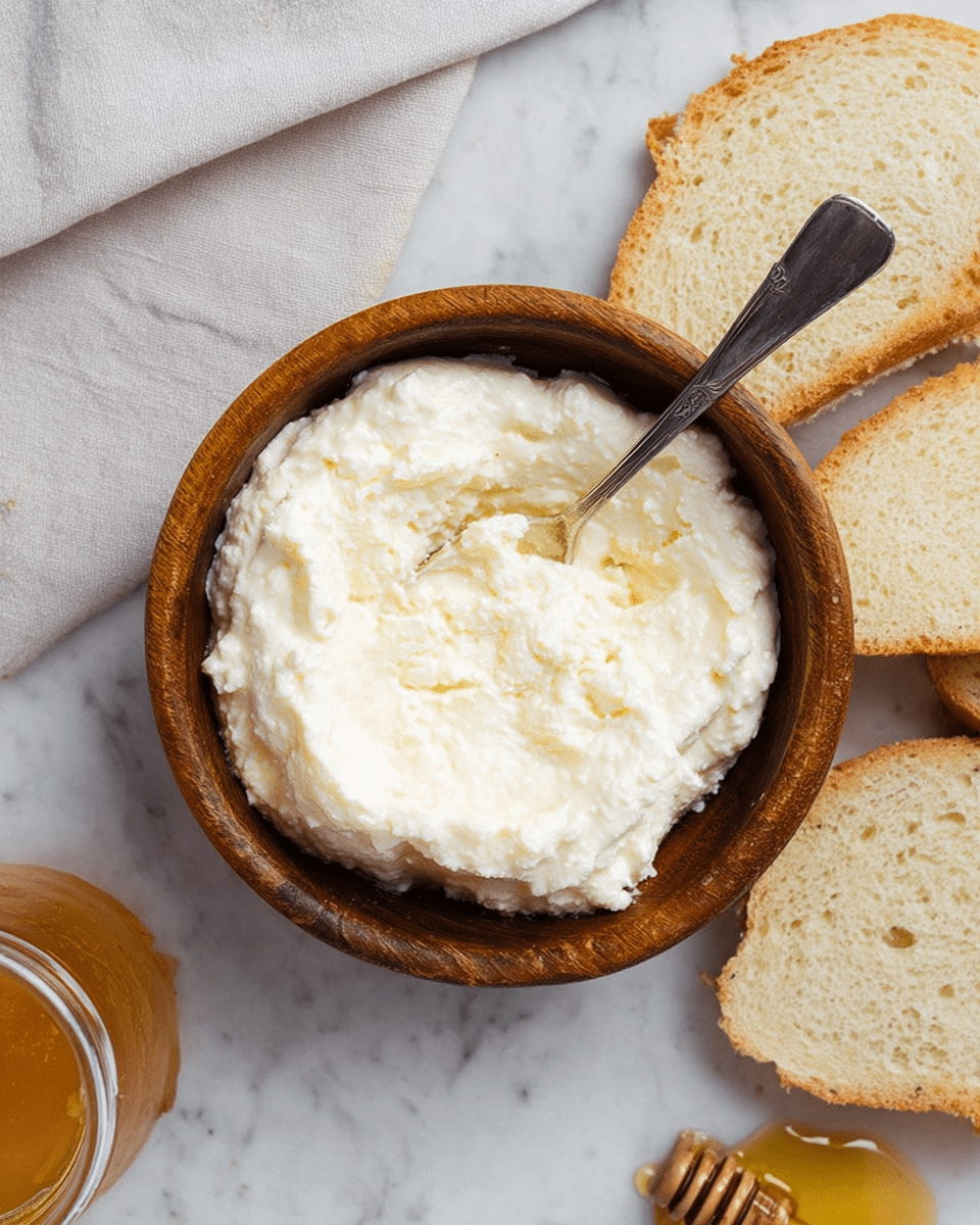 A round wooden bowl filled with a thick, white creamy substance with a soft and slightly lumpy texture, suggesting a dairy product. Inside the bowl, a silver spoon is partially buried in the cream, angled toward the right. Surrounding the bowl are several slices of light beige bread with a soft, airy crumb. The entire scene is set on a white marbled surface with a light gray cloth visible on the left side and part of a jar with golden honey and a honey dipper on the lower right corner. photo taken with an iphone --ar 4:5 --v 7