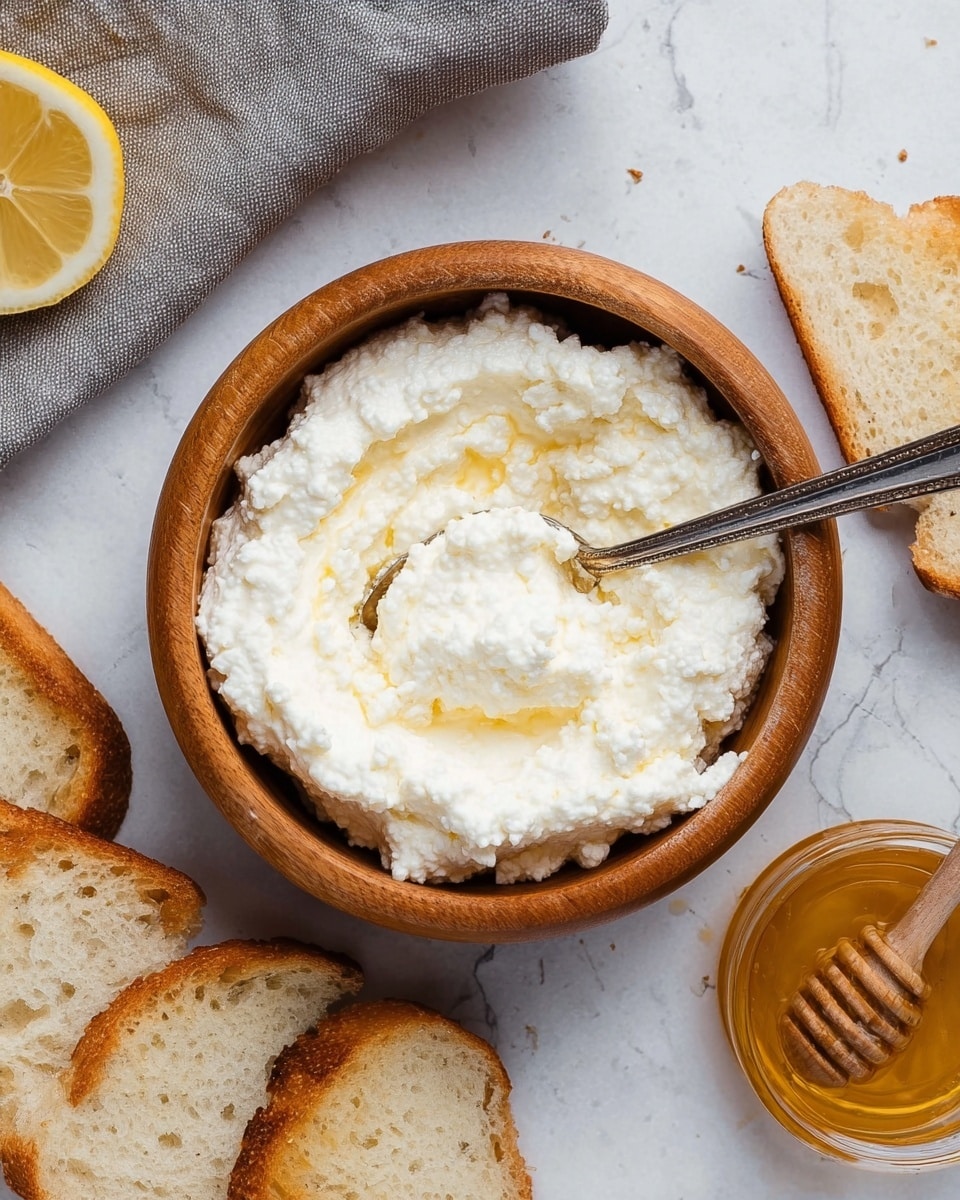 A wooden bowl filled with white, creamy ricotta cheese with a thick, soft texture sits in the center of the image. A silver spoon is partially dipped into the cheese, resting inside the bowl. Surrounding the bowl are several slices of light golden toasted bread with a slightly rough surface. To the lower right of the bowl, there is a small glass container filled with golden honey, visible with a honey dipper inside. In the upper left corner, a slice of lemon and a part of a gray cloth napkin are placed on a white marbled surface. photo taken with an iphone --ar 4:5 --v 7