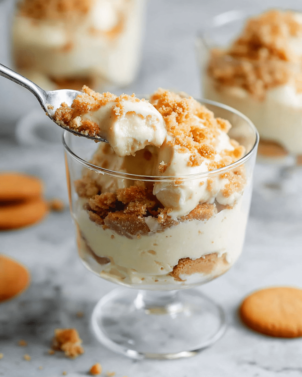 A clear glass dessert cup holds a creamy, off-white layered pudding with crumbled golden-brown cookie pieces mixed throughout and sprinkled on top, giving a slightly rough texture. A silver spoon is scooping from the middle, showing the soft, smooth, and thick pudding blending with the crunchy crumbs. The cup stands on a white marbled surface, with blurred similar dessert cups and scattered round, light brown cookies in the background. Photo taken with an iphone --ar 4:5 --v 7