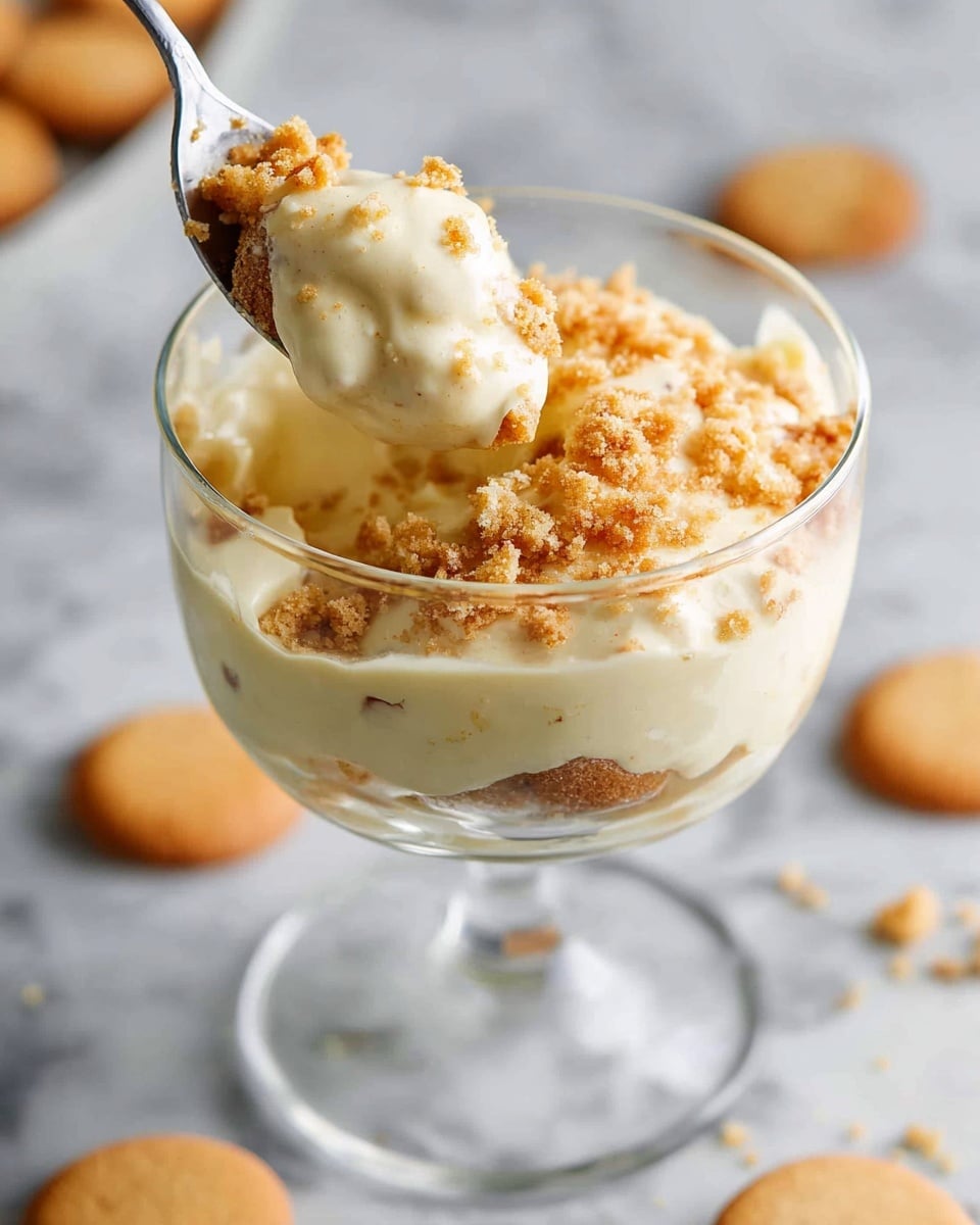 A clear glass dessert cup filled with layers of creamy, pale yellow pudding mixed with crumbled light brown cookie pieces. The dessert is topped with more cookie crumbs that add a rough texture and a warm, golden-brown color. A silver spoon is scooping a portion from the cup, showing the smooth and thick texture of the pudding contrasting with the crunchy cookie bits. The cup is set on a white marbled surface with some round light brown cookies scattered nearby. Photo taken with an iphone --ar 4:5 --v 7