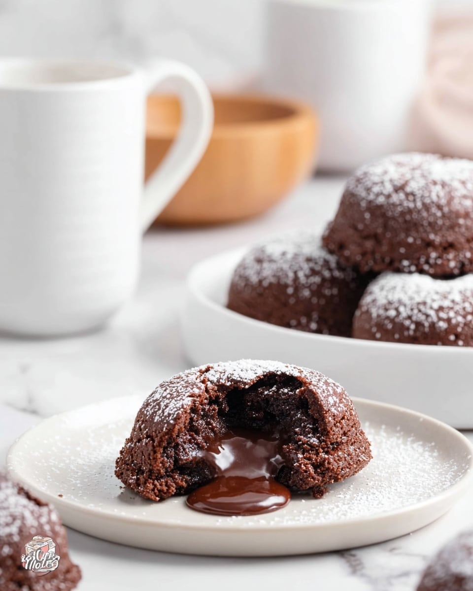 The image shows a close-up of a chocolate lava cake placed on a white plate with a smooth texture, dusted lightly with powdered sugar. The lava cake is broken open in the front, revealing a rich and glossy dark chocolate filling flowing out from the center. Behind this plate, a white dish holds more whole lava cakes, similarly dusted with powdered sugar. The background features blurred white cups and a wooden bowl on a white marbled surface, creating a clean and bright setting. Photo taken with an iphone --ar 4:5 --v 7