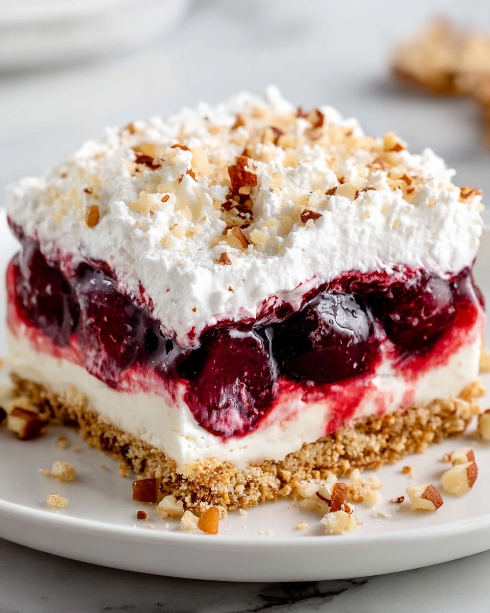 A square dessert layered in four parts sits on a white plate over a white marbled surface. The bottom layer is a dense, crumbly light brown crust with a rough texture. Above it lies a smooth, creamy white layer. The third layer is a thick, glossy, deep red cherry filling filled with whole cherries that appear juicy and vibrant. The top layer is a fluffy, white whipped topping sprinkled with small pieces of chopped nuts, adding a crunchy texture. Some nut pieces are scattered on the plate around the dessert. Photo taken with an iphone --ar 4:5 --v 7