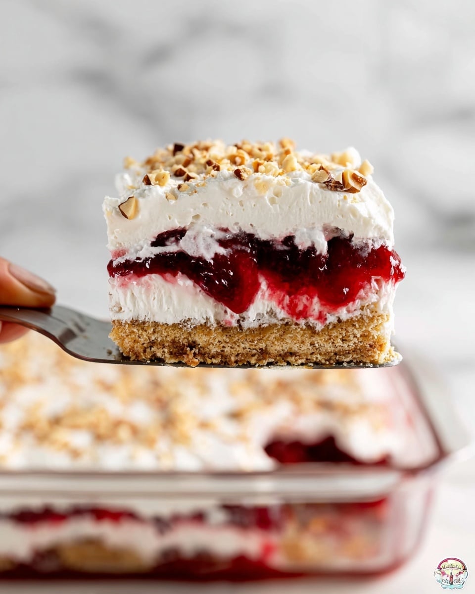 A close-up of a layered dessert square is shown held by a woman's hand spatula above a clear glass dish on a white marbled surface. The dessert has four layers: the bottom layer is a dense, light brown crumbly crust, followed by a thick white creamy layer, then a glossy, deep red layer of cherry filling with visible cherry pieces, and finally topped with a fluffy white whipped cream layer sprinkled with small chopped nuts. The background is softly blurred with the dessert still in the clear glass dish below. Photo taken with an iphone --ar 4:5 --v 7