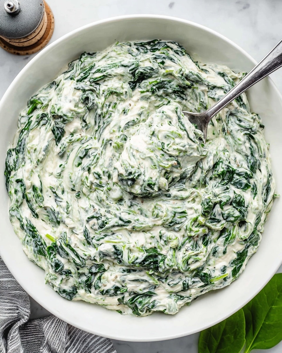A close-up view of a white bowl filled with creamy spinach dip, showing two main layers: the spinach leaves in dark green mixed evenly with a thick white creamy sauce. The dip has a rich and smooth texture with visible wilted spinach strands. A silver spoon is scooping part of the dip, resting inside the bowl near the center. The bowl is placed on a white marbled surface, with a small part of a gray pepper grinder and a striped cloth napkin visible at the edges. A fresh spinach leaf is placed near the bottom right corner outside the bowl. Photo taken with an iphone --ar 4:5 --v 7