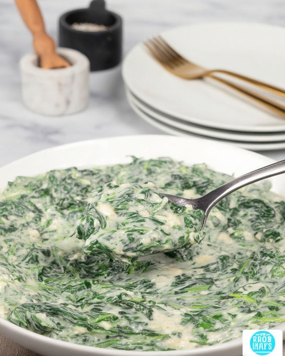 A white bowl filled with creamy spinach dip, showing bright green spinach leaves mixed in a thick white cream sauce with small white chunks scattered throughout, a silver spoon resting inside the bowl with some dip on it. In the background, a white marbled surface holds two marble small containers with wooden scoops—one black with pepper and one white with salt—and a stack of white plates with two golden forks on top. The scene is bright and clean, focusing mainly on the texture of the creamy spinach dip. photo taken with an iphone --ar 4:5 --v 7
