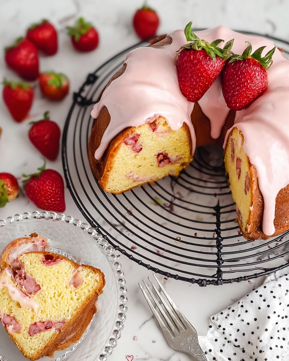 A round bundt cake with one slice cut out, showing the inside filled with pieces of red strawberries and a soft light yellow crumb. The cake is topped with a smooth pale pink glaze that drips slightly over the edges. Two fresh whole red strawberries with green leaves sit on top of the cake. The cake is on a black wire cooling rack placed over a white marbled background. Around the rack are more fresh whole strawberries. A slice of the cake with the same pink glaze is placed on a clear glass plate with a beaded edge near the bottom right corner. Nearby is a silver fork resting on a white cloth with small black dots. photo taken with an iphone --ar 4:5 --v 7