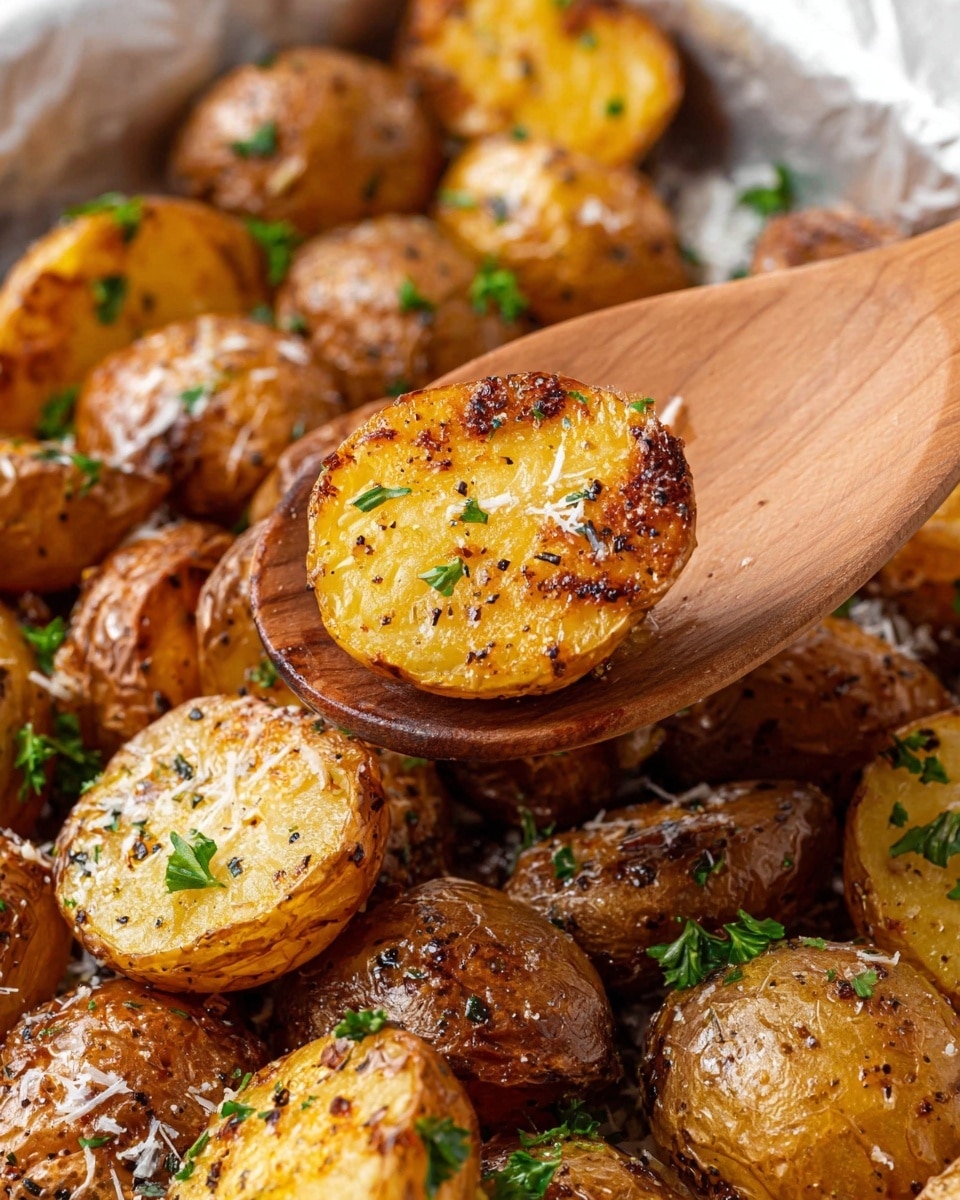 A white bowl filled with two layers of golden brown roasted baby potatoes, some cut in half showing a crisp, caramelized surface with specks of herbs. The potatoes have a shiny, slightly oily texture with a mix of light and dark brown shades. Small green parsley pieces and white grated cheese are scattered on top, adding color contrast. A gold spoon rests inside the bowl, holding a few halves of the roasted potatoes. The bowl is placed on a white marbled surface with bits of parsley around. photo taken with an iphone --ar 4:5 --v 7