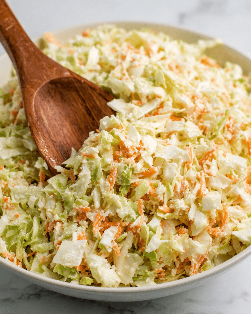 A close-up view of a bowl filled with finely chopped coleslaw consisting of three main layers of ingredients: the bottom layer is a mix of shredded pale green and white cabbage pieces with a crunchy texture; the middle layer has small bits of bright orange carrot adding vibrant color; the top layer includes a light creamy dressing gently coating the vegetables, giving them a slightly shiny texture. A wooden spoon is partially buried in the coleslaw, showing its smooth, polished surface and deep brown color. The bowl is white and is placed on a white marbled surface. photo taken with an iphone --ar 4:5 --v 7