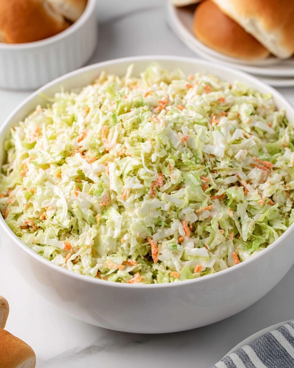 A large white bowl filled with finely chopped coleslaw, showing a mix of pale green and white cabbage with small bits of orange carrot evenly spread throughout. The texture looks fresh and slightly moist, with small pieces of cabbage and carrot mixed closely together. The bowl sits on a smooth white marbled surface, and there is a partial view of another white bowl with more coleslaw and some bread rolls nearby. Photo taken with an iphone --ar 4:5 --v 7