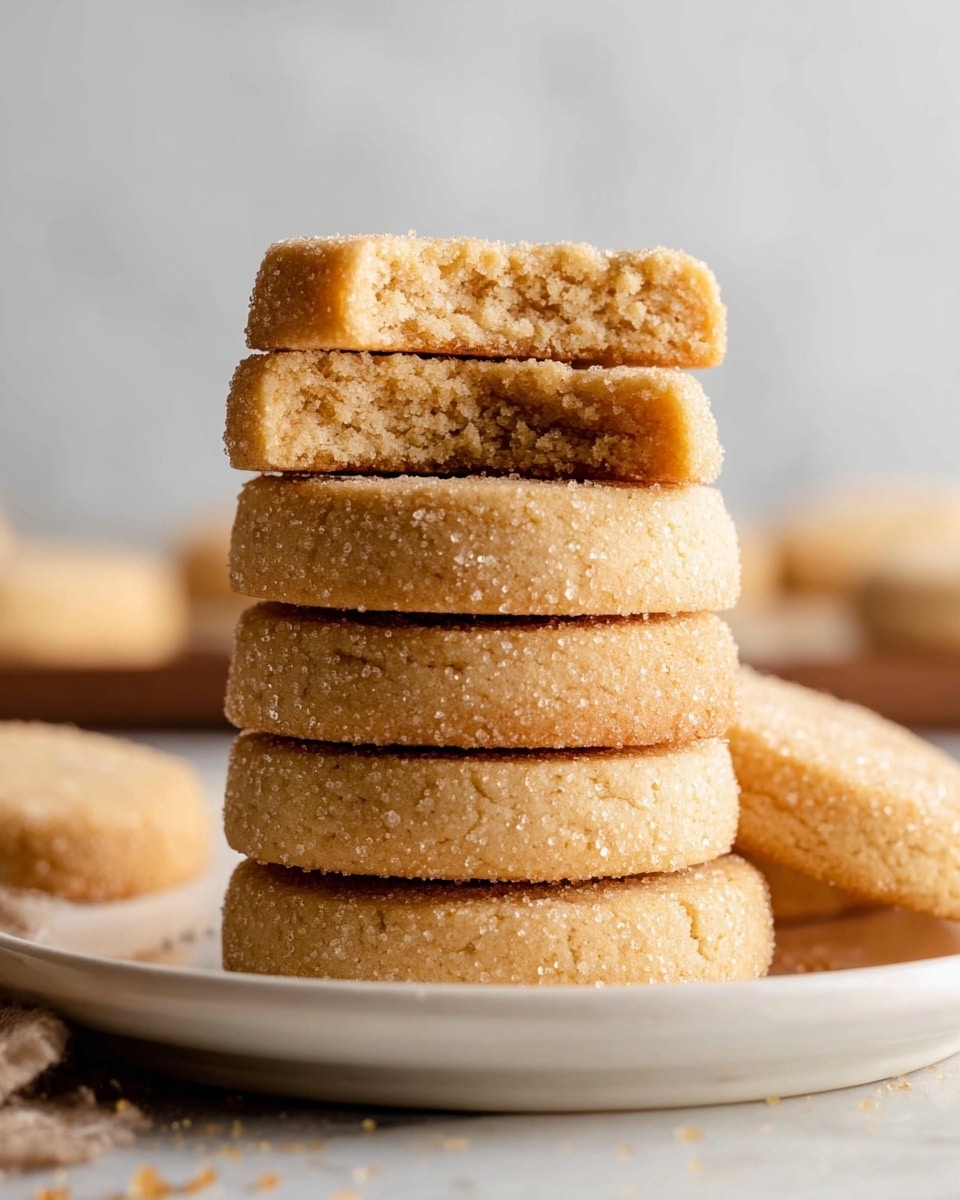 A stack of six round, sugar-coated cookies is arranged neatly on a white plate. Each cookie has a light golden brown color with a coarse, sugary texture on the outside and a soft, crumbly interior visible in the two top cookies. The cookies are thick and appear slightly crunchy on the edges, showing some sugar crystals sparkling under soft light. The background features a white marbled texture. photo taken with an iphone --ar 4:5 --v 7