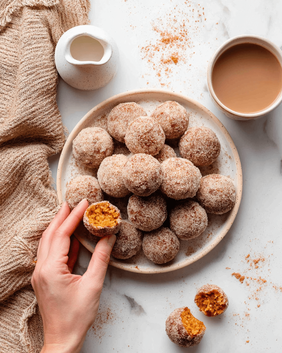 A round white plate filled with about three layers of small round doughnut holes covered in a light brown sugar and cinnamon coating, the doughnut holes have a rough sandy texture on the outside, with one doughnut hole being held by a woman's hand at the plate's bottom left; two doughnut holes broken in half lie on the white marbled surface below, showing a bright orange soft cake inside. To the top right of the plate, there is a white cup filled with light brown coffee or tea, and to the top left of the plate, a small white pitcher with milk or cream sits on a textured light brown cloth. Small crumbs and granules of cinnamon sugar are scattered on the white marbled surface around the plate. photo taken with an iphone --ar 4:5 --v 7