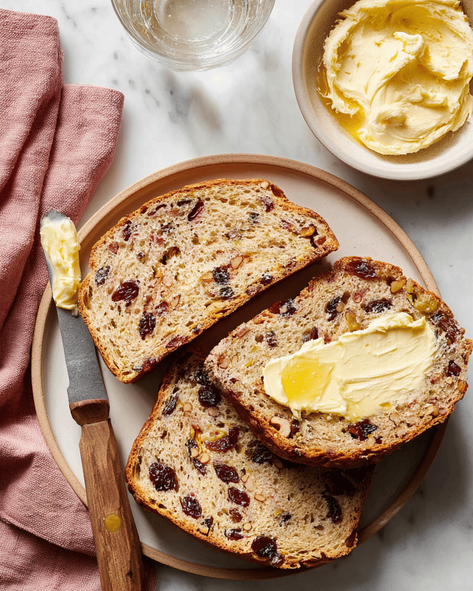 The image shows three slices of fruit and nut bread with a golden crust and soft, speckled interior filled with dark red dried fruit and light brown nuts; one slice has a layer of pale yellow butter spread unevenly on top. The bread slices rest on a white plate with a beige rim sitting on a white marbled surface. To the left, there is a small white bowl filled with whipped butter topped with honey. A knife with a wooden handle and butter on its blade lies on the white marbled surface near the bread, next to a folded pink cloth napkin. In the top left corner, part of a clear glass of water is visible. Photo taken with an iphone --ar 4:5 --v 7