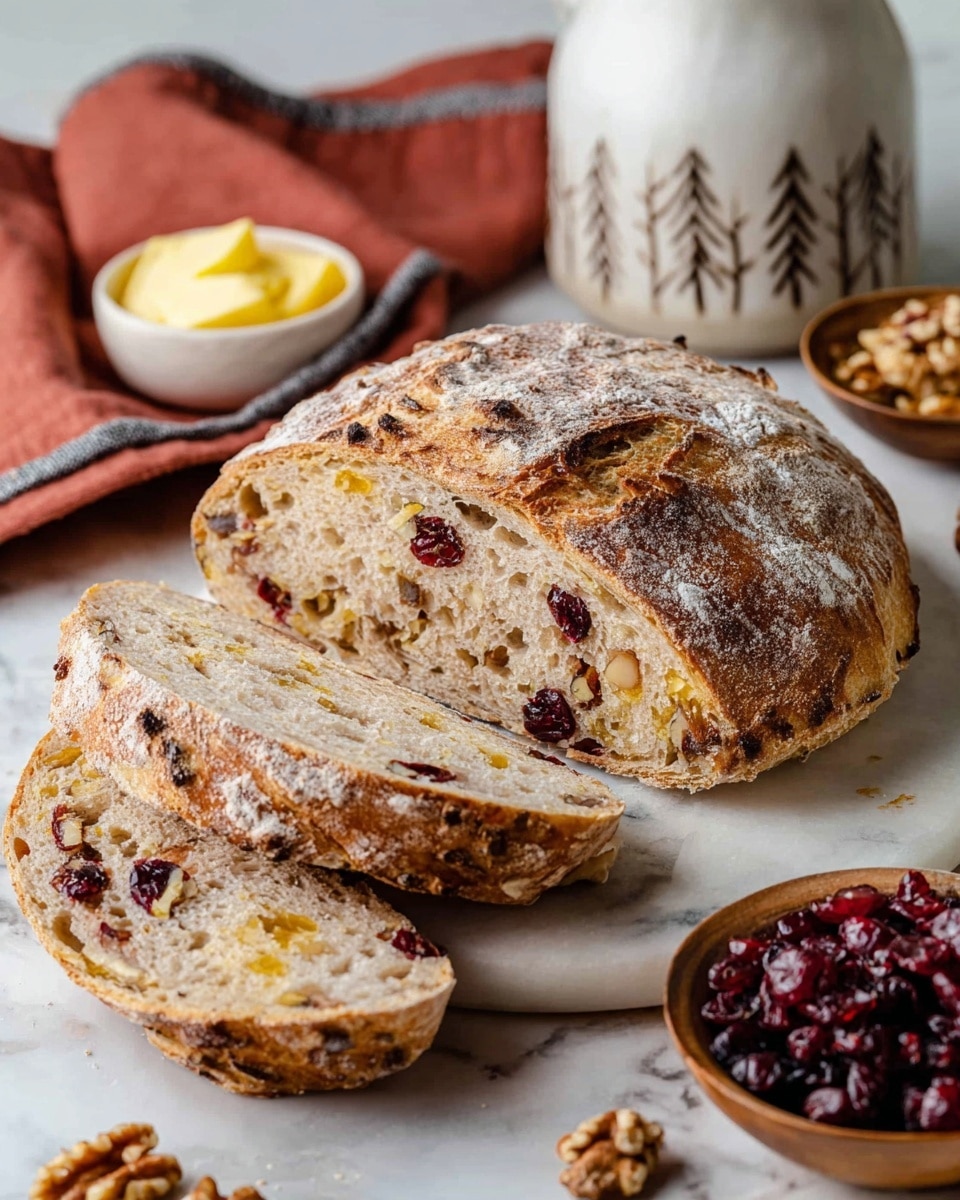 A rustic round loaf of bread with a golden-brown crust dusted lightly with flour rests on a white marbled surface. The bread is sliced into three thick pieces, revealing a soft, dense inside speckled generously with dark red dried cranberries and light brown chopped walnuts. Surrounding the bread are small bowls—one with yellow butter, another with walnuts, and a third filled with dried cranberries—adding warm, earthy color contrasts. In the background, a white ceramic jar with a subtle tree branch pattern and a folded rust-colored cloth with gray trim complete the cozy scene. Photo taken with an iphone --ar 4:5 --v 7