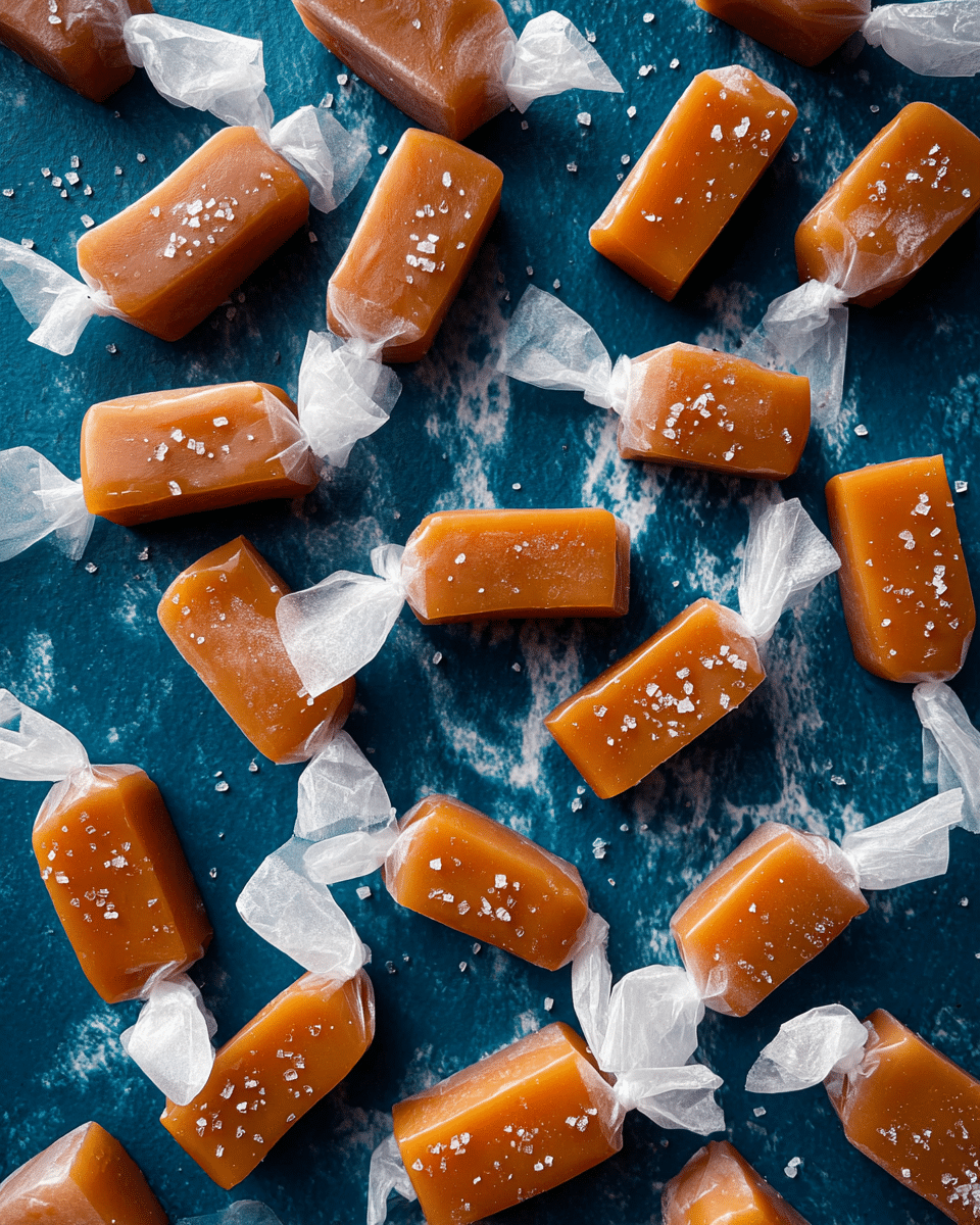 The image shows many small caramel candies scattered on a dark blue textured surface replaced with a white marbled texture, some wrapped in white translucent paper twisted at both ends. Each caramel piece is rectangular with a smooth, glossy light brown surface sprinkled with coarse sea salt, giving a shiny and slightly grainy texture. The candies are arranged randomly, with some resting upright and others lying flat, showing slight softness and chewiness in their texture. Photo taken with an iphone --ar 4:5 --v 7