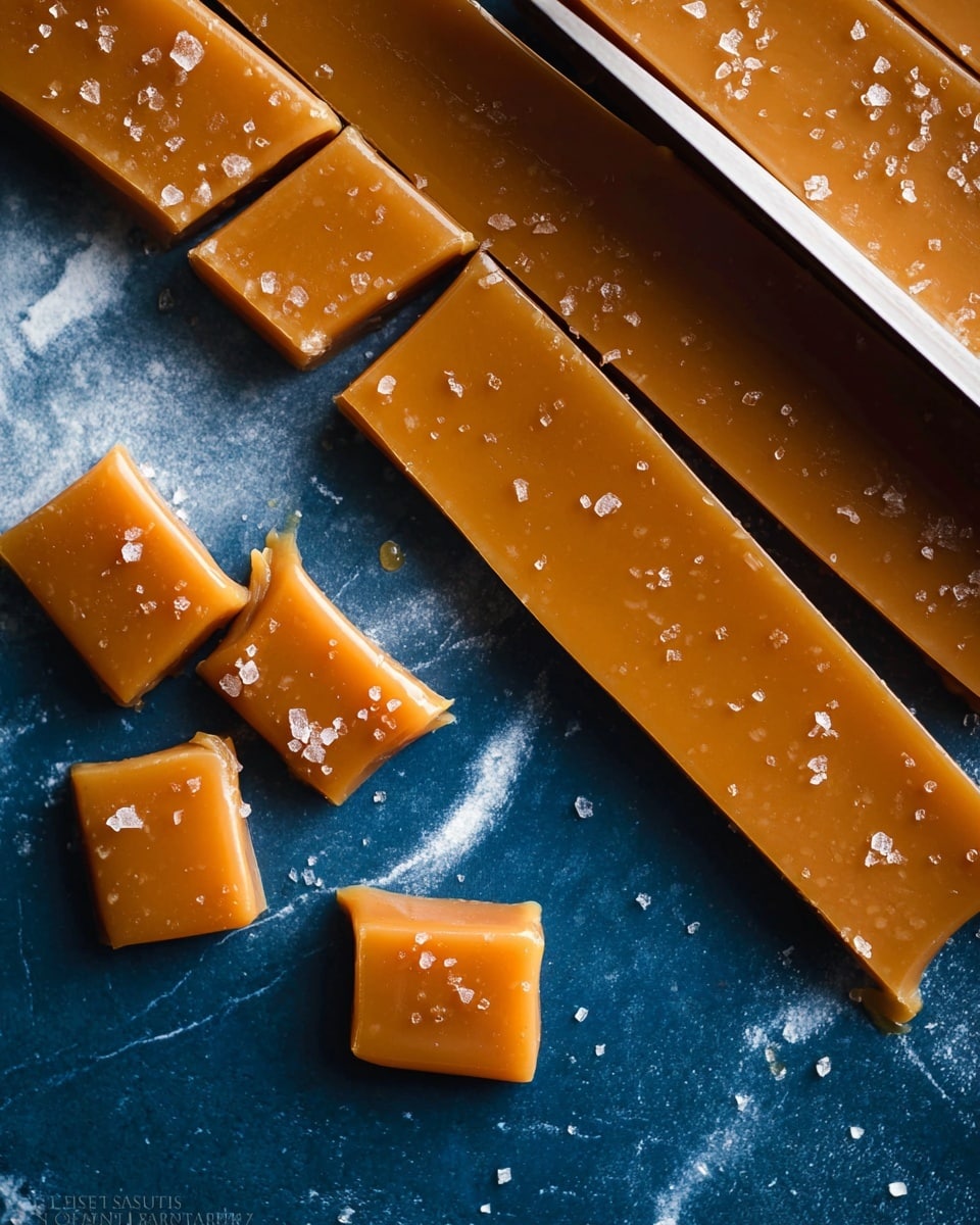The image shows a close-up of soft caramel being cut into small rectangular pieces on a dark blue surface with a white marbled texture. The caramel is a rich golden brown color with a smooth and slightly shiny texture, sprinkled with coarse sea salt crystals that add a sparkling effect. A sharp silver knife is slicing through one long caramel stick horizontally near the center, highlighting the smooth edges of both the uncut strip and the smaller cut pieces arranged neatly below. The caramel has subtle vanilla specks visible inside, enhancing the texture. Photo taken with an iphone --ar 4:5 --v 7