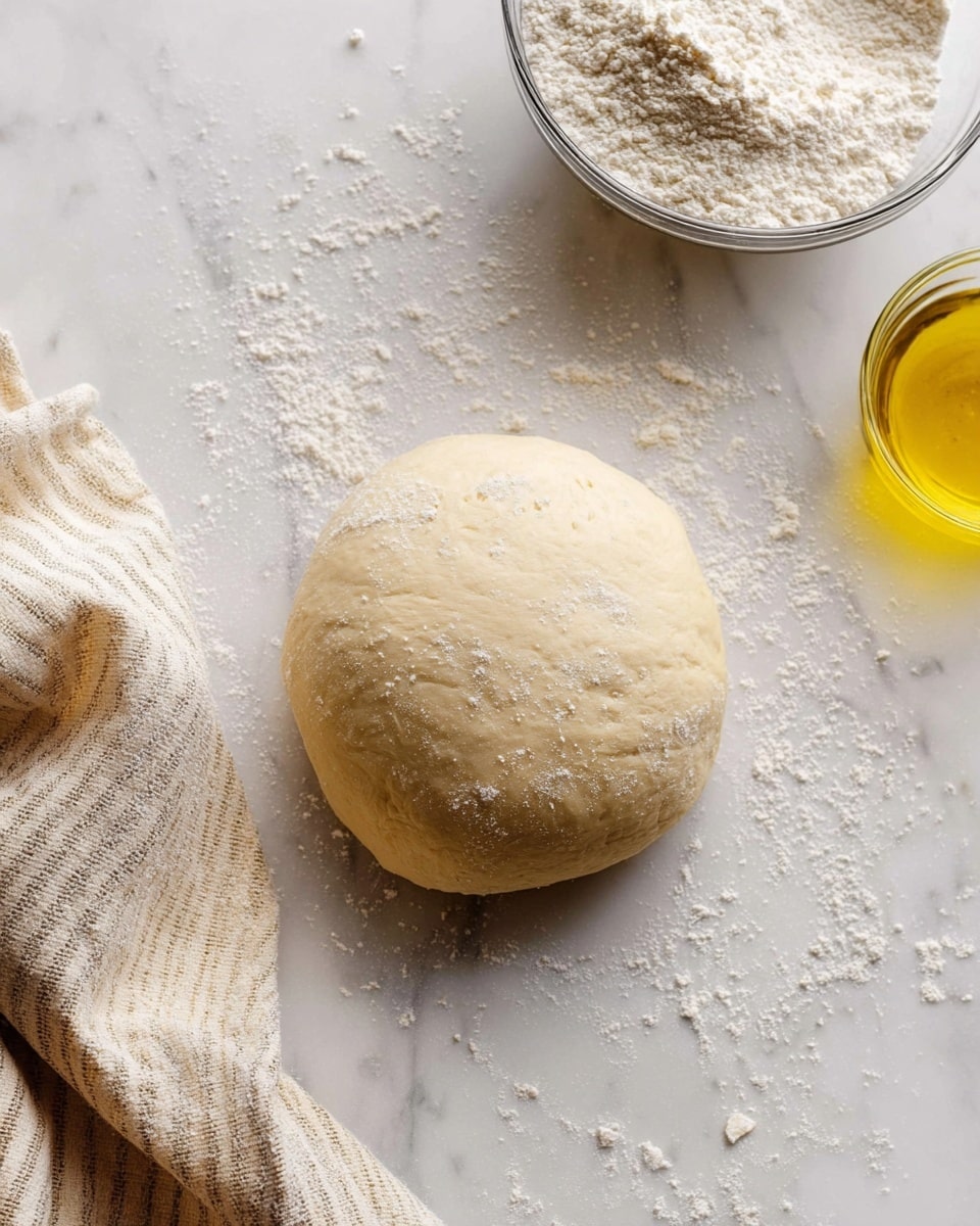A smooth ball of pale beige dough rests on a white marbled surface, lightly dusted with scattered flour crystals. Above the dough, a clear glass bowl contains soft white flour visible through the sides. To the top right, a glass container holds golden yellow olive oil that catches the light. A beige and white striped cloth is placed softly folded to the lower left corner of the image, adding a cozy touch. The setting is clean and simple, with flour specks scattered around the main elements, creating a natural baking scene. photo taken with an iphone --ar 4:5 --v 7