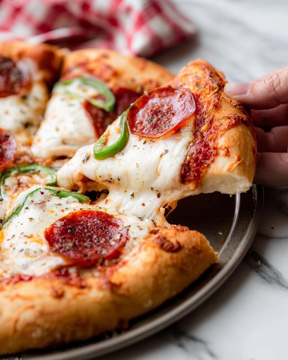 A close-up view of a pizza slice being lifted by a woman's hand from a metal pan, resting on a white marbled surface. The pizza has one thick golden-brown crust layer with some slightly darker toasted spots, topped with a smooth layer of red tomato sauce, followed by a generous layer of melted white cheese that looks stretchy and creamy. There are round slices of reddish pepperoni and a few thin green bell pepper slices scattered on the top, adding color and texture. The cheese has small specks of black seasoning, and the background shows part of a red and white checkered cloth. Photo taken with an iphone --ar 4:5 --v 7