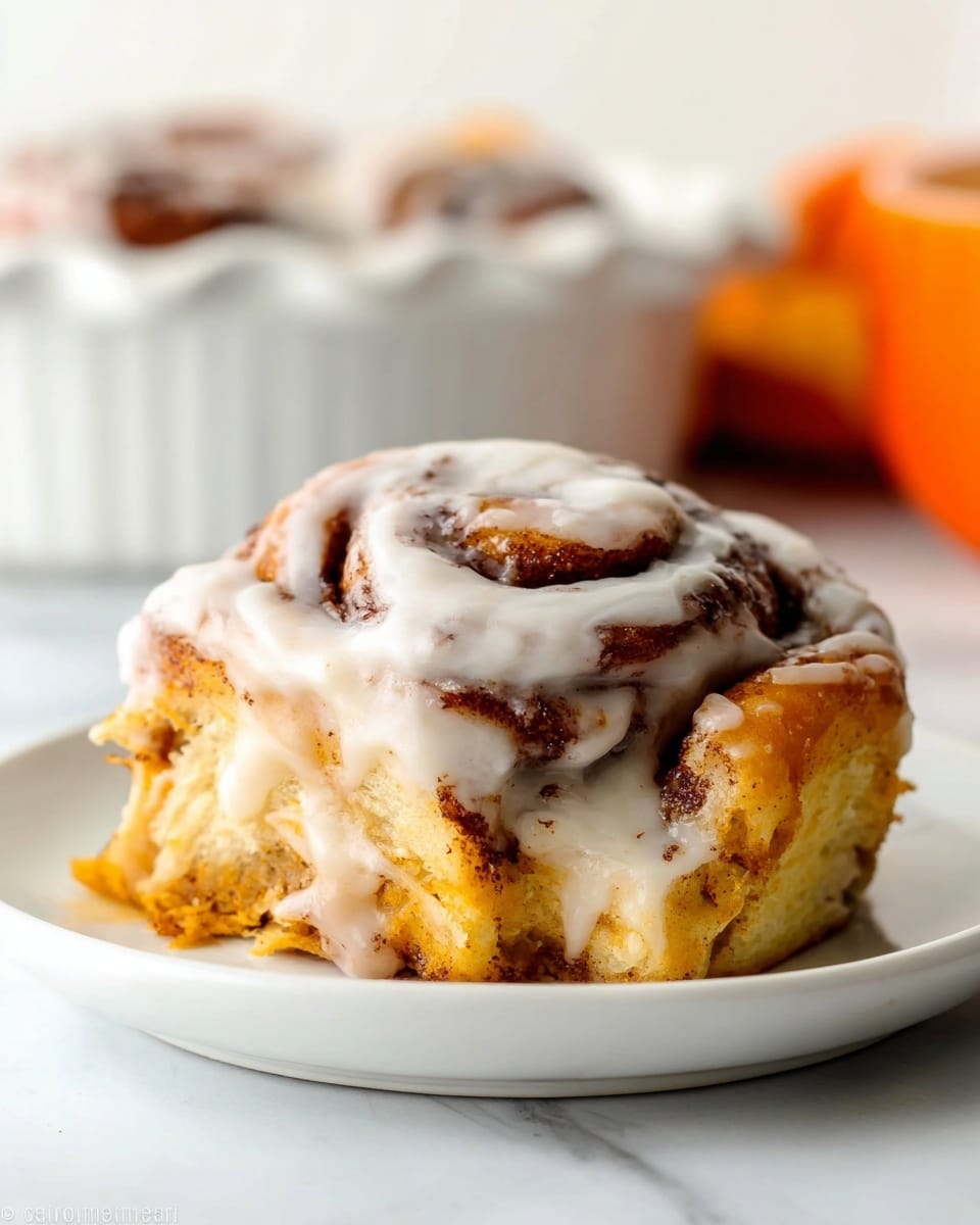 A close-up of a single cinnamon roll with three visible layers, each swirled with dark brown cinnamon spice filling, topped with creamy, thick white icing with a slightly glossy texture and small specks of cinnamon spread unevenly, sitting centered on a white plate with a smooth surface. The cinnamon roll shows a light golden-brown baked dough with a soft and fluffy texture. The background is a white marbled texture with a blurred second cinnamon roll in a white fluted dish behind it and an orange shape faintly visible on the right side. photo taken with an iphone --ar 4:5 --v 7