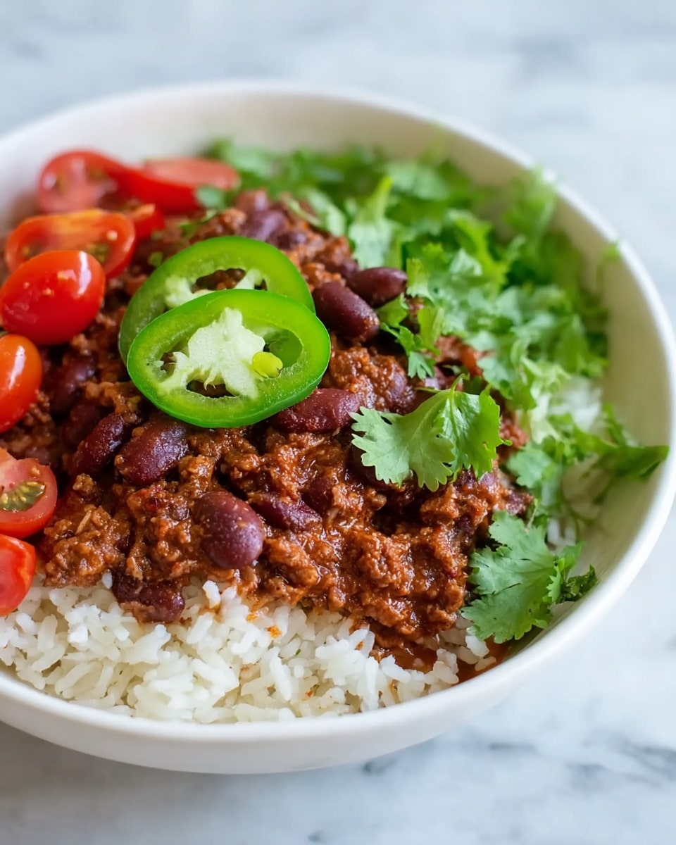 A white bowl filled with a base layer of cooked white rice spread evenly at the bottom. On top of the rice is a thick layer of chili made with ground meat and kidney beans, which looks rich and slightly chunky in texture with a reddish-brown color. Garnishing the chili are halved cherry tomatoes that are shiny and red, along with fresh green cilantro leaves scattered around. On top of the chili, there is a single slice of bright green jalapeño pepper. The bowl is placed on a white marbled surface. Photo taken with an iphone --ar 4:5 --v 7