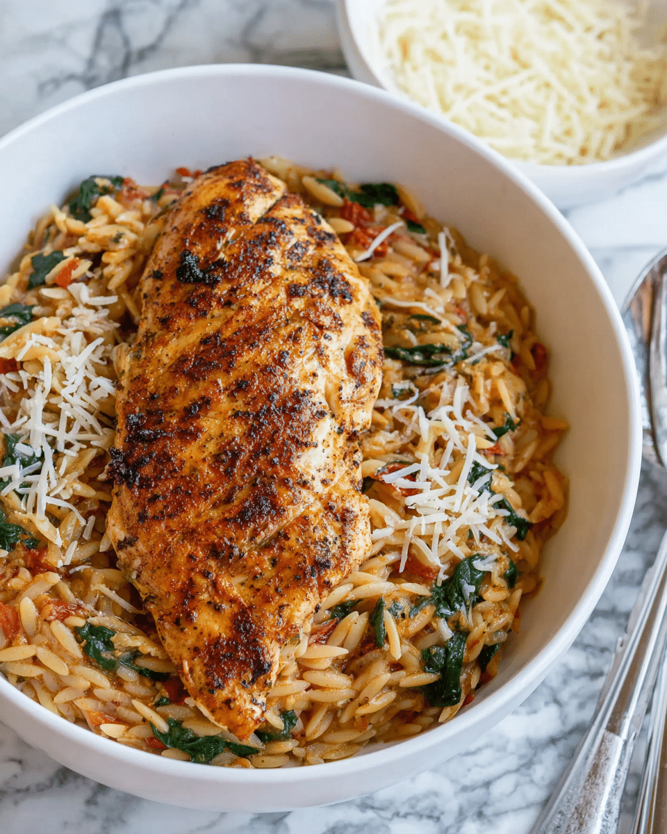 A white bowl holds a dish with two layers: the bottom layer is creamy orzo pasta mixed with small pieces of green spinach, red tomato bits, and a light brown sauce, giving it a soft and slightly chunky texture; the top layer features a large, golden-brown grilled chicken breast with visible seasoning and small char marks, sprinkled lightly with shredded white cheese. The bowl is placed on a white marbled surface, next to a smaller white bowl with more shredded cheese and silver utensils. photo taken with an iphone --ar 4:5 --v 7