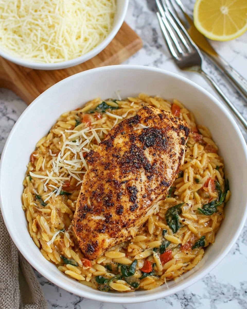 The image shows a white bowl filled with a thick, creamy orzo pasta dish mixed with small pieces of green spinach and red tomato bits. On top of the orzo is a large, well-seasoned grilled chicken breast with a golden-brown char and black pepper specks, sprinkled lightly with shredded cheese. In the background, there is a white bowl containing more shredded cheese and a slice of lemon resting near the bowl on a white marbled surface. To the right side of the bowl are a fork and knife placed neatly. The overall scene is bright and clean with a warm, appetizing color contrast. photo taken with an iphone --ar 4:5 --v 7