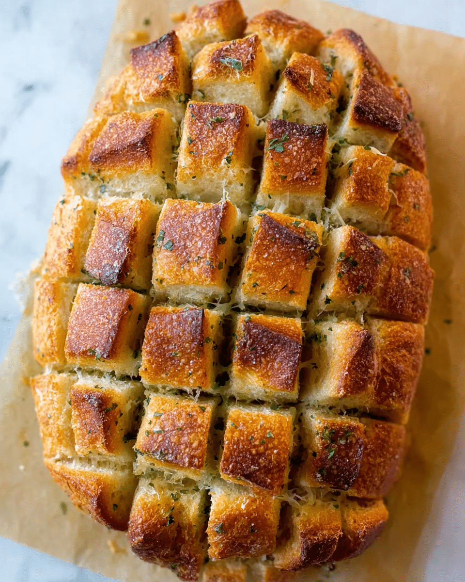 A whole loaf of bread is cut in a grid pattern into many small square pieces, with a golden-brown crust on top. Each piece has a toasted crispy outer layer and a softer, light-colored inside. The top is sprinkled with small green herbs, and some melted cheese is visible between the cuts. The loaf rests on parchment paper over a white marbled surface. photo taken with an iphone --ar 4:5 --v 7