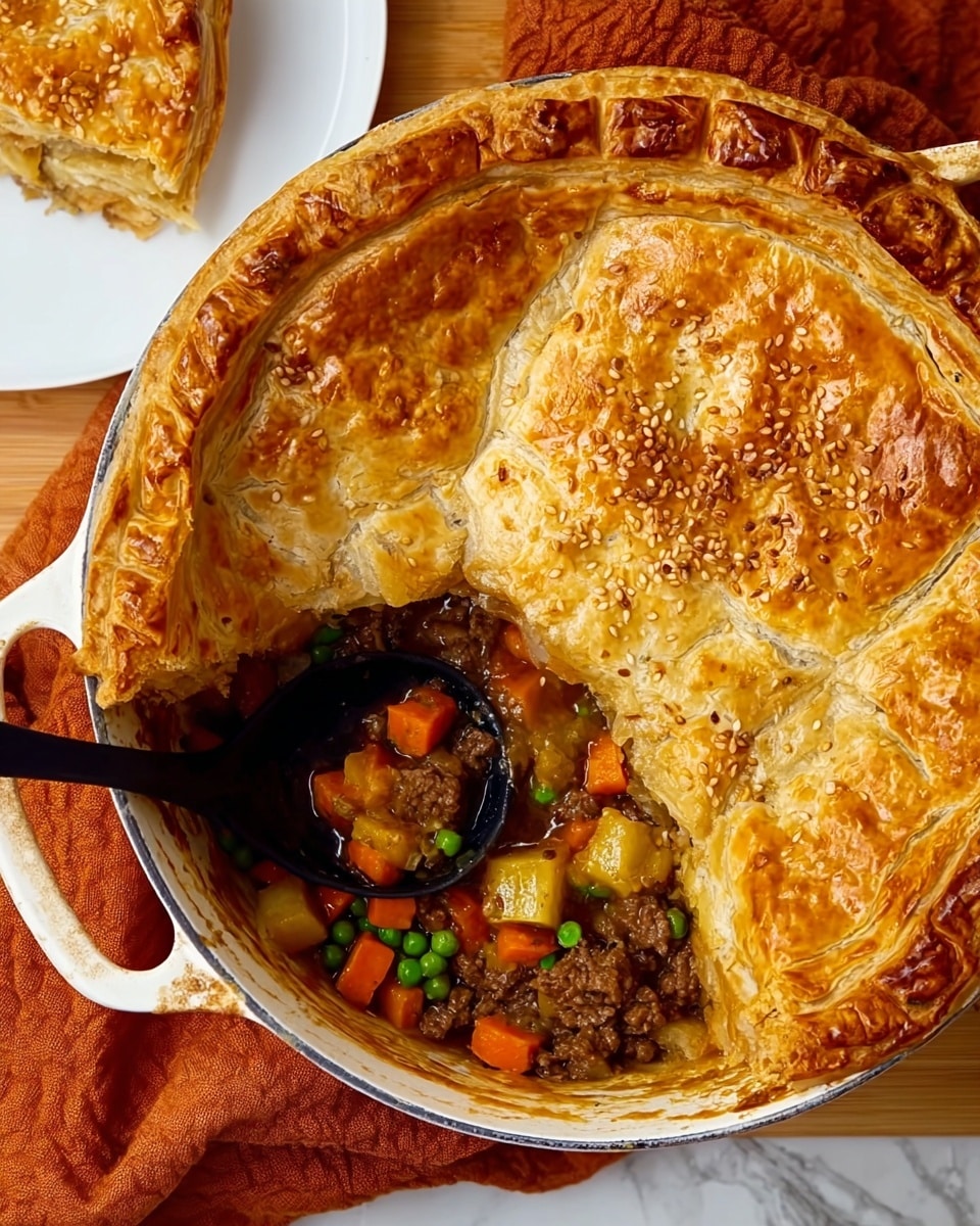 A white pot filled with a savory pie topped by a thick golden brown crust made of large, uneven flaky layers sprinkled with sesame seeds. The crust is glossy and slightly cracked, revealing a rich stew underneath that contains ground beef, bright orange carrot cubes, green peas, and small yellow potato pieces. A black ladle with a white handle scoops out the stew from the pot, resting on the side. The pot sits on a wooden surface partially covered by a burnt orange cloth, and a white plate with a piece of pie is visible at the top left corner. The background is a white marbled texture. photo taken with an iphone --ar 4:5 --v 7